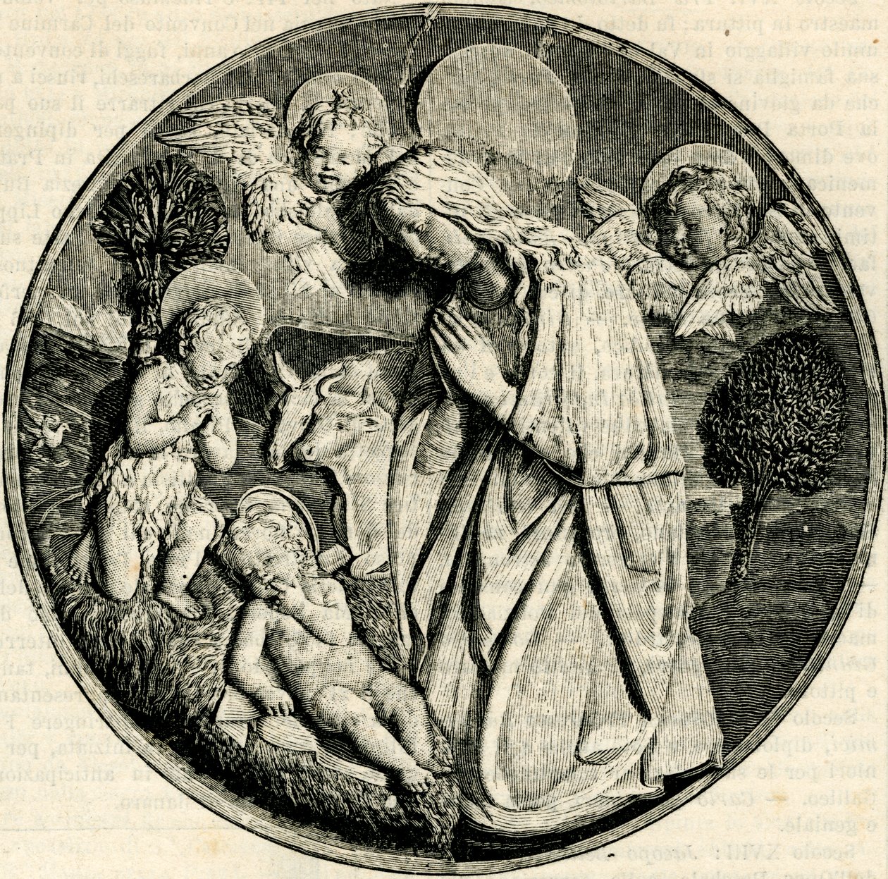 Madonna palvomassa lasta Johannes Kastajan ja kerubien kanssa, kirjoittanut Luca della Robbia (1399/1400-1482), Prato, Toscana, Italia, puupiirros Le cento citta d