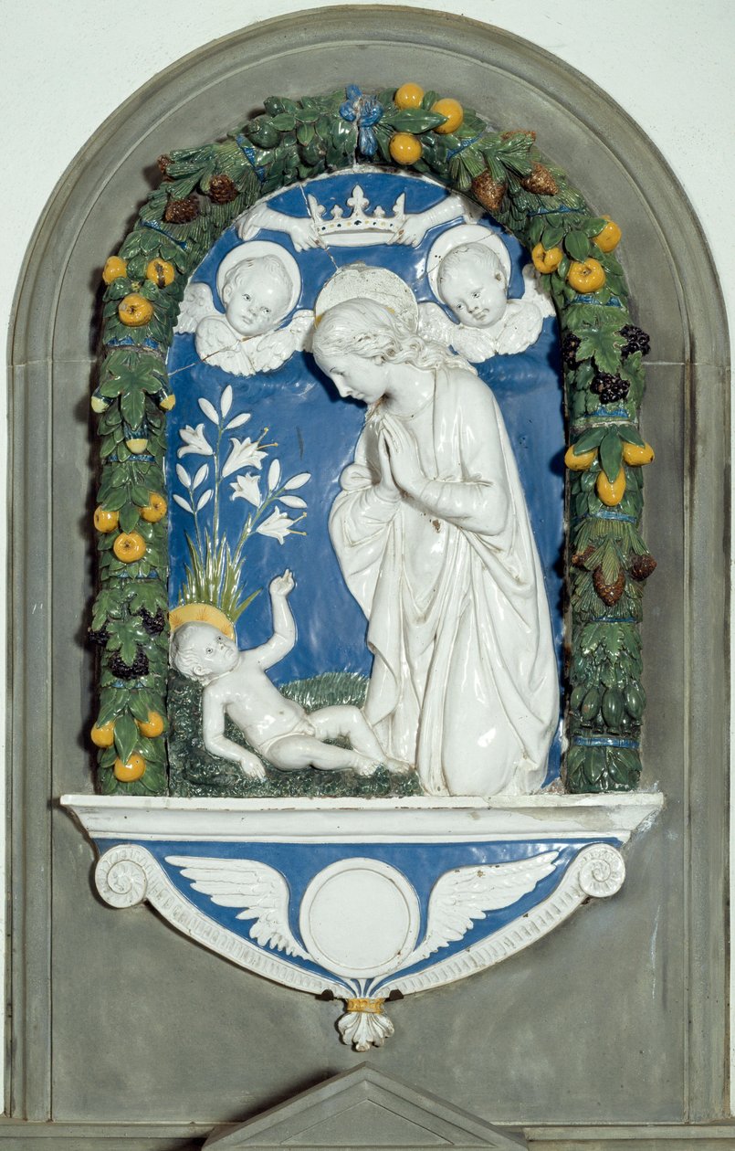 Luca della Robbian (1400-1482) 1400-luvun Vernan pyhäkkö, Italiassa sijaitseva Neitsyt lasta palvomassa. tekijältä Luca Della Robbia