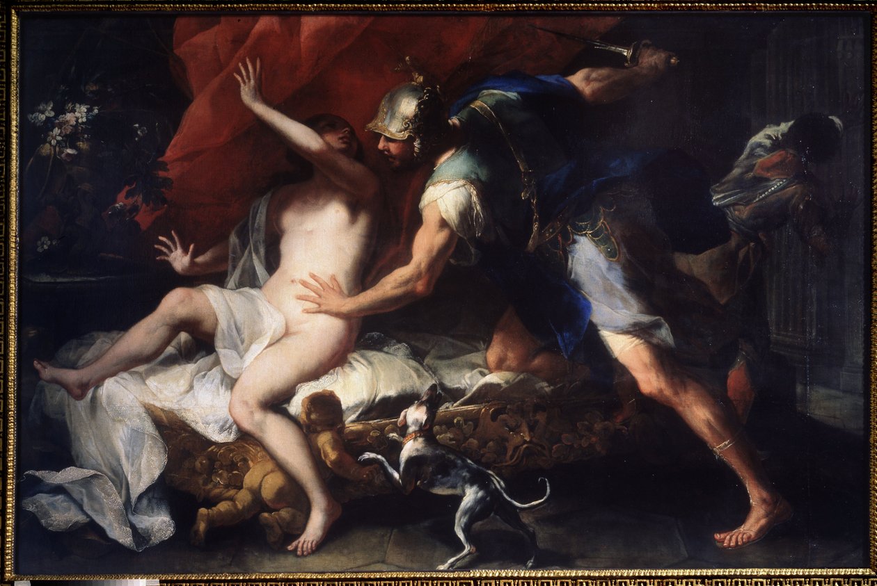 (Tarquinius ja Lucretia) Lucrecen (Lucrezia, Lucretia, roomalainen nainen) raiskaus, serkkunsa Sextus Tarquinin, Tarquin Superbin pojan, väkivallan uhri. Luca Giordanon (1632-1705) maalaus 1600-luvun valtion taidemuseo, Tula, Venäjä tekijältä Luca Giordano