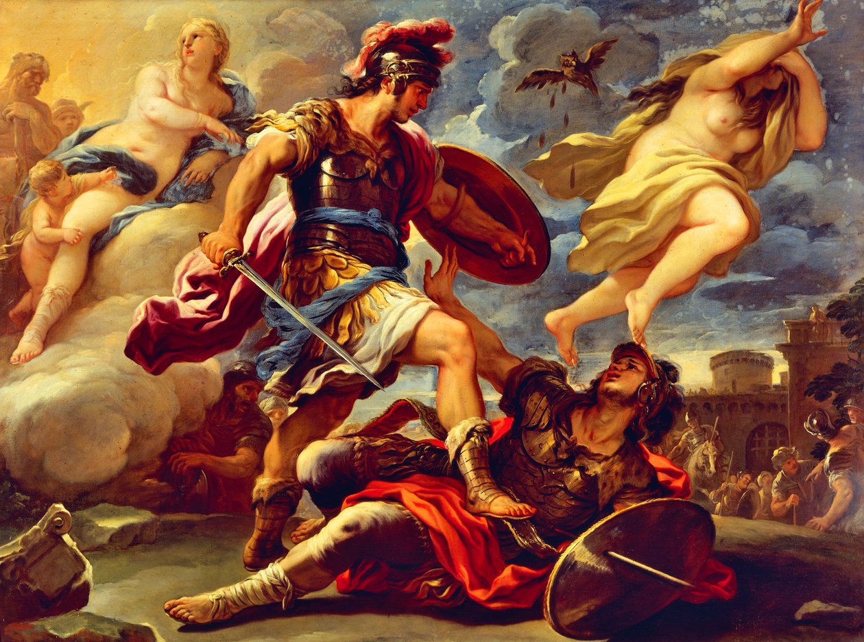 Aeneas voittaa Turnuksen, Luca Giordano (1634-1705), öljy kankaalle tekijältä Luca Giordano