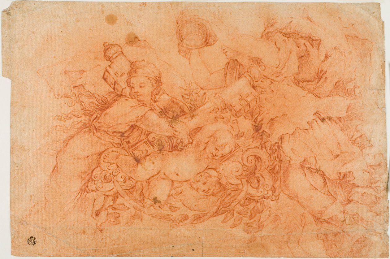 Allegoriset hahmot pitelevät paavin arvomerkkiä, opiskelu Jumalan huolenpidon allegorian jälkeen Palazzo Barberinissa Roomassa tekijältä Luca Giordano