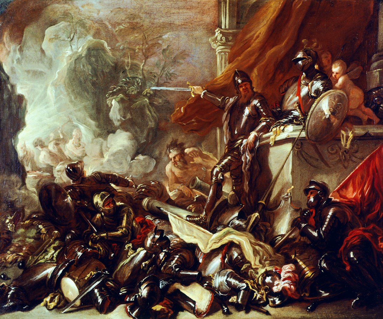 Allegoria of War, Luca Giordano (1634-1705), öljy kankaalle, 61x50 cm tekijältä Luca Giordano