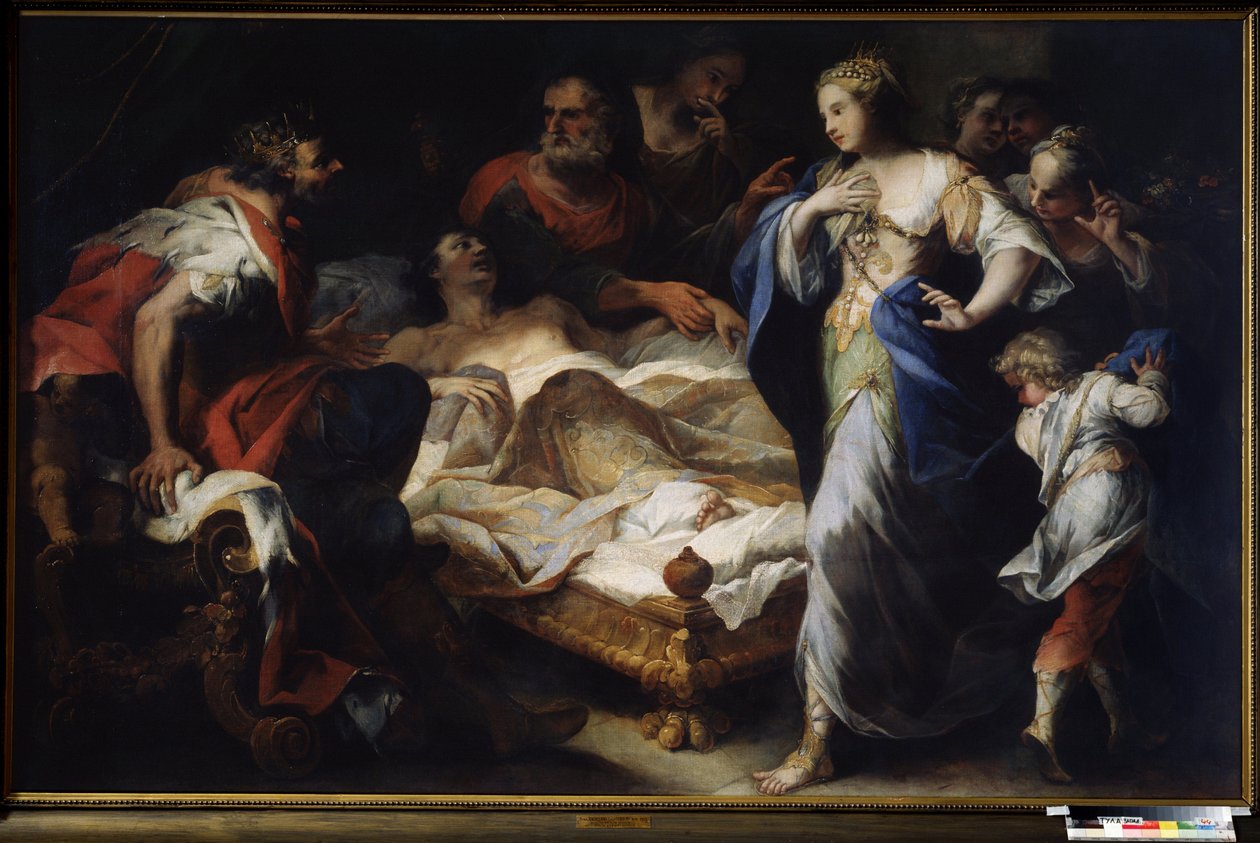 ""Antiochus (ou Antiochos) et Stratonice (ou Stratonike)" (Antiochus ja Stratonice) Antiochusta, kuningas Seleucus (tai Seleucus) I Nicatorin poikaa, hoitaa Ceoksen lääkäri Erasistratus sairaudesta, joka johtuu hänen rakkaudestaan ​​Stratonikea kohtaan, is tekijältä Luca Giordano