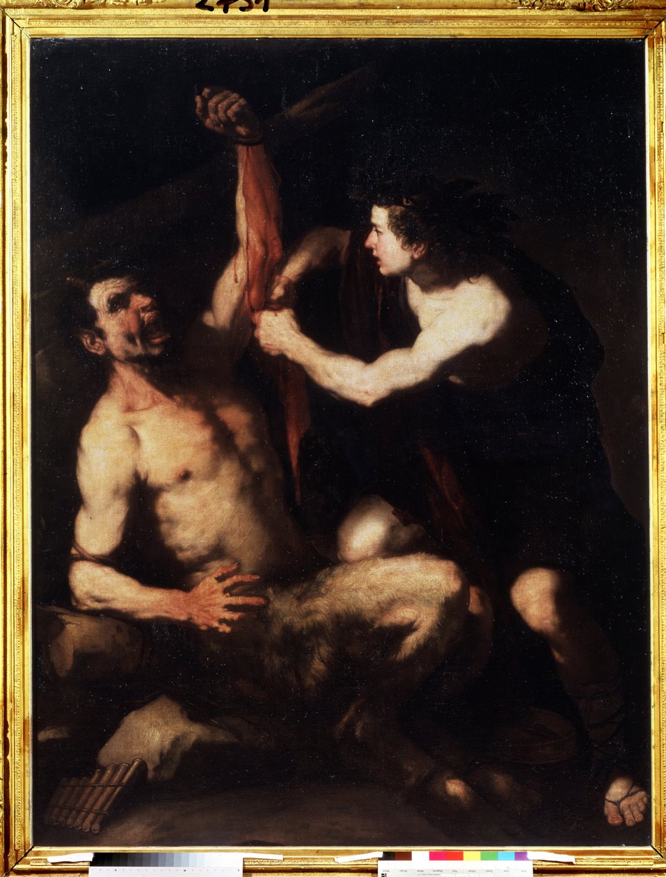 ""Apollo ja Marsyas"" Apollo voitettuaan haasteen Marsyasta vastaan ​​on nyljettävä hänet ja heitetty sitten luolaan. Luca Giordanon (1632-1705) maalaus noin vuodelta 1650. Manerismi. Pushkin-museo, Moskova tekijältä Luca Giordano