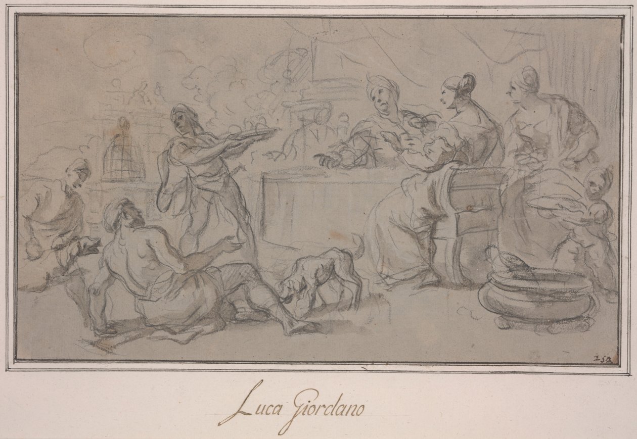 Rikasten juhla (grafiitin ja musteen pesu paperille) tekijältä Luca Giordano
