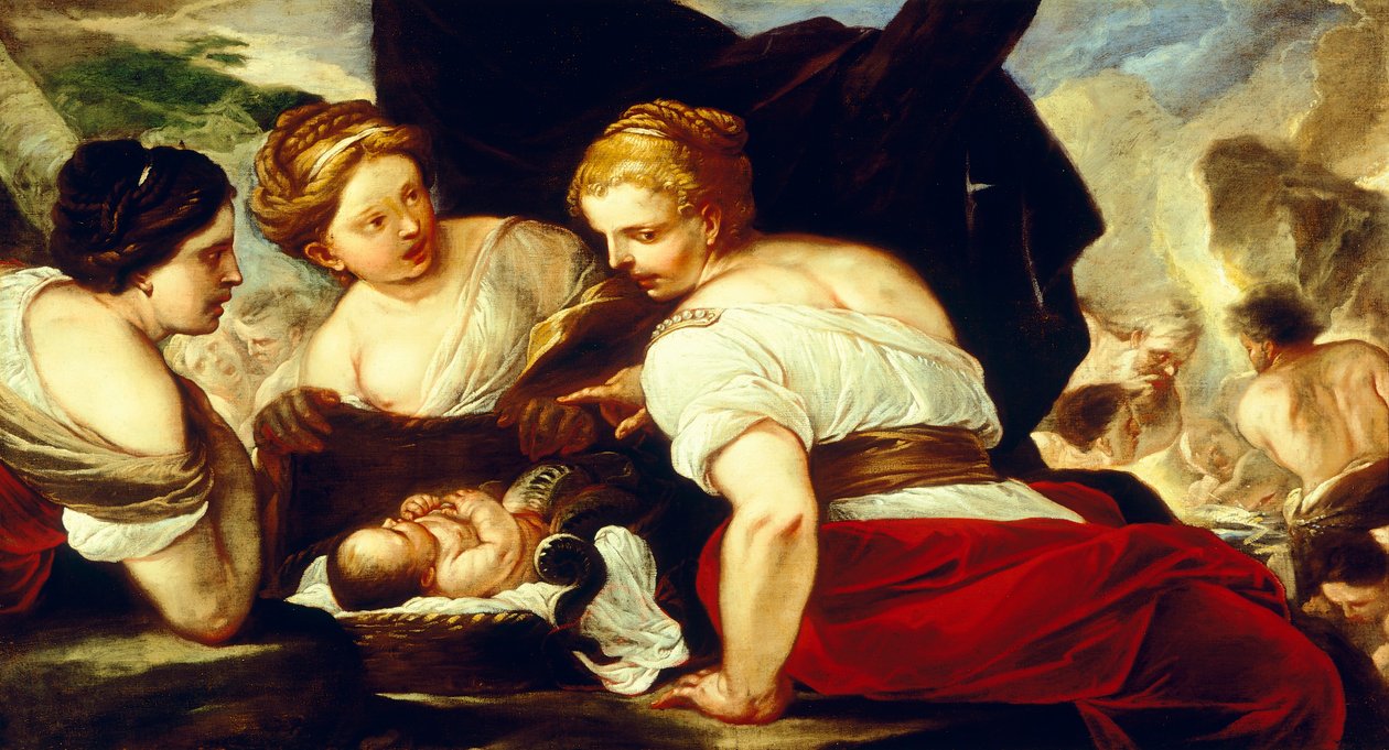 Cecropsin tyttäret avauskori, jossa on vauva Erichthonius, kirjoittanut Luca Giordano (1634-1705), öljy kankaalle, 76,5x133,5 cm tekijältä Luca Giordano