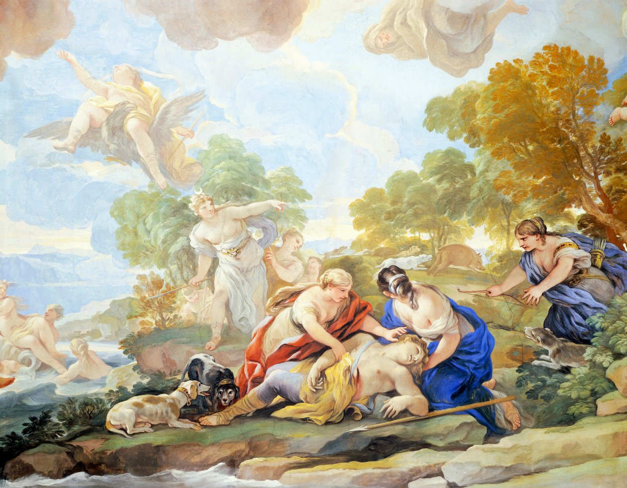 Adonisin kuolema, yksityiskohta freskosarjasta Luca Giordanon (1634-1705) peilihallissa, fresko, Palazzo Medici Riccardi, Firenze tekijältä Luca Giordano