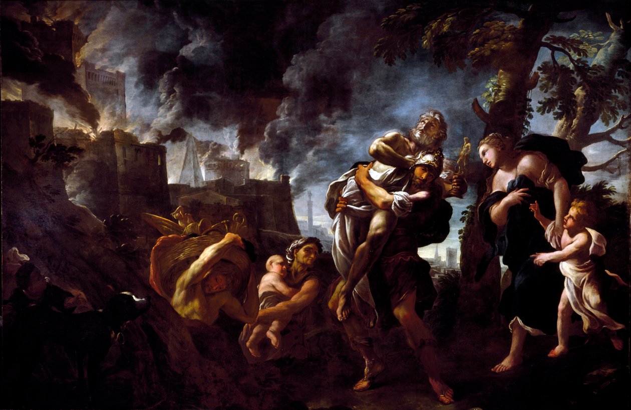 Enee pakenee Troietta Enee, kantoi Anchise, pakeni kaupungista, joutui acheenien käsiin. Luca Giordanon (1634-1705) maalaus 1675-1680 Genes, Palazzo Spinolan kansallisgalleria tekijältä Luca Giordano