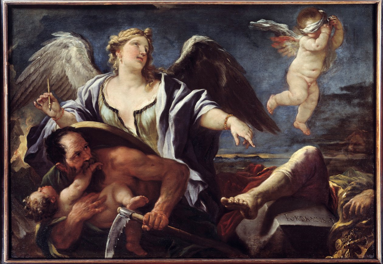 Historian kirjoituskuitit aikojen takana Luca Giordano dit Fa Preston (1632-1705) maalaus 1600-luvulta. Brest, Kuvataidemuseo tekijältä Luca Giordano