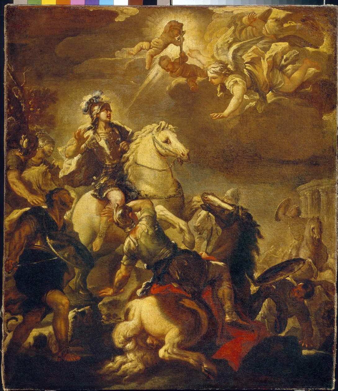 Ristin ilmestyminen keisari Konstantinukselle (Flauius Valerius Aurelius Constantinus, 272-306). (Ristin ilmestyminen keisari Konstantinukselle). Luca Giordanon (1632-1705) maalaus, öljy kankaalle, noin 1680. Italialainen taide (Napoli) tekijältä Luca Giordano