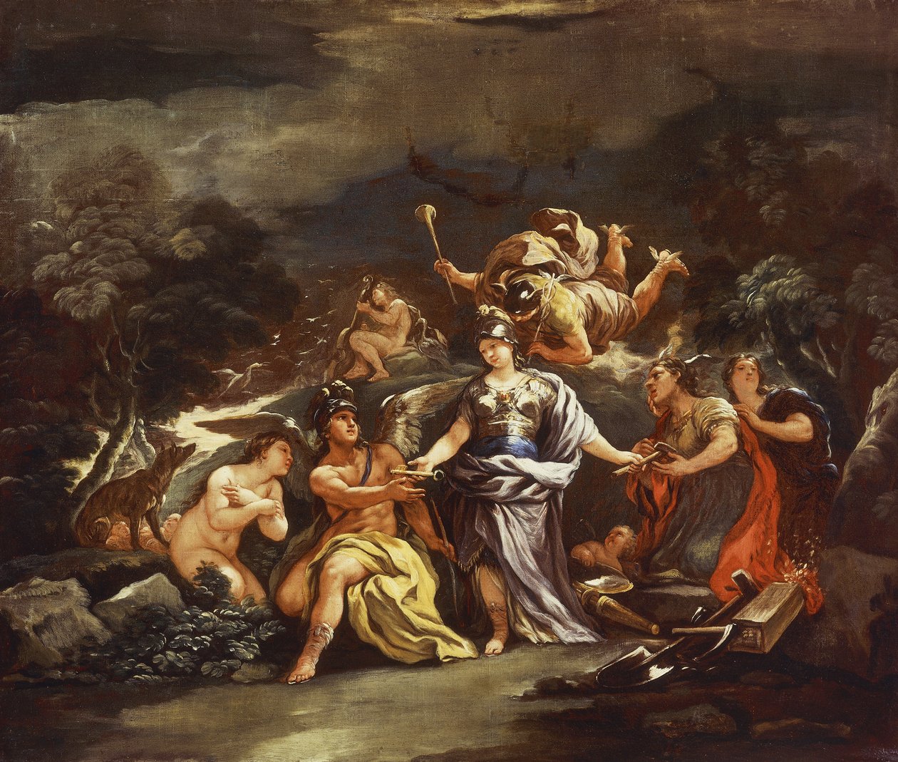aMinerva taiteiden ja tieteiden suojelijana, Luca Giordano, öljy kankaalle tekijältä Luca Giordano