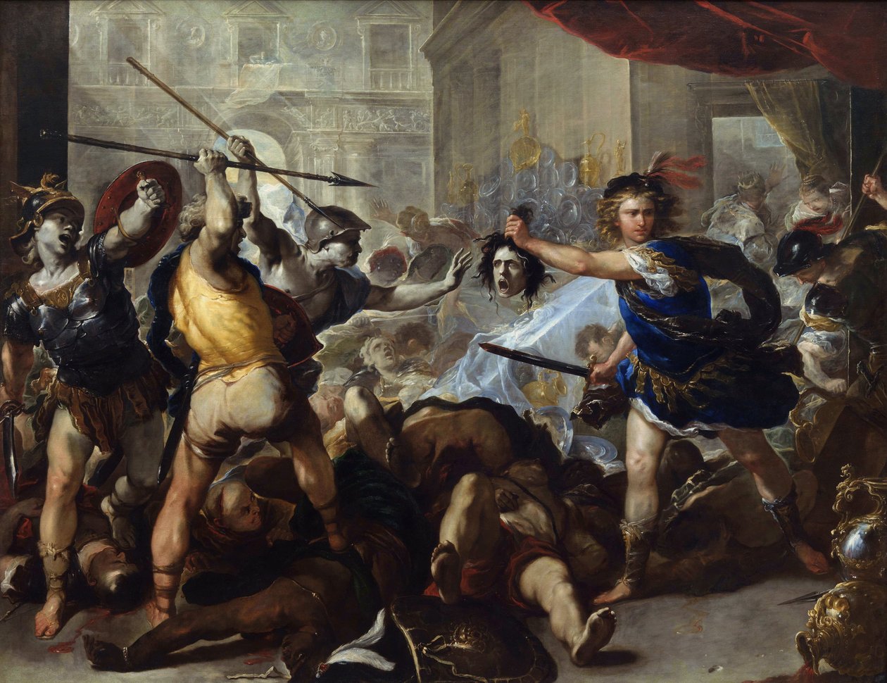 ""Perseus muuttaa Phineaksen ja hänen vihollisensa kiveksi heiluttamalla Medusan päätä heidän edessään"" (Perseus kääntää Phineaksen ja hänen seuraajansa kiveksi) Luca Giordanon (1632-1705) maalaus noin 1680 National Gallery, Lontoo tekijältä Luca Giordano