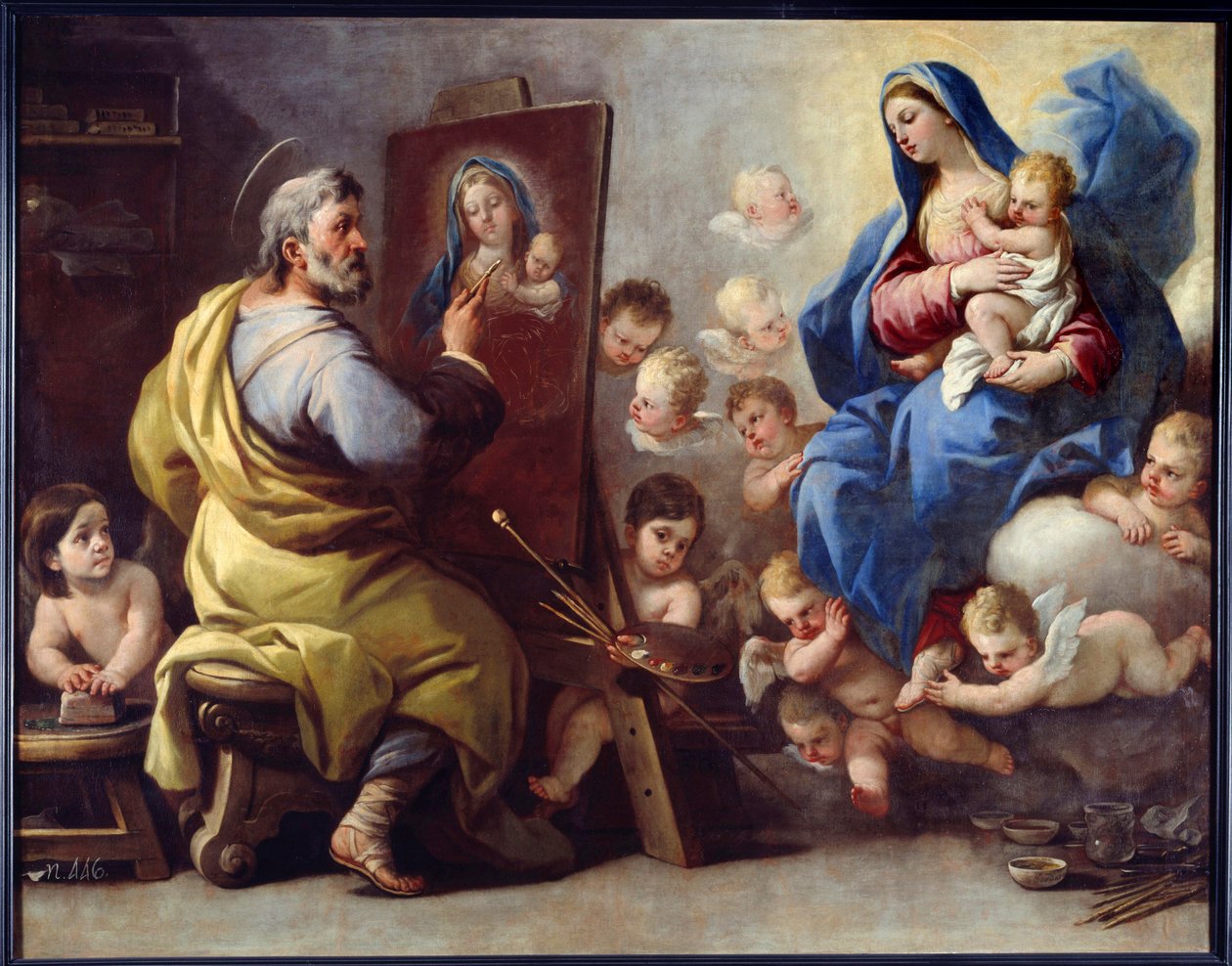 Pyhä Luukas maalaa neitsyt Luca Giordanon (Fa Pesto) maalaus (1632-1705) 1600-luvun Brest, Kuvataidemuseo tekijältä Luca Giordano