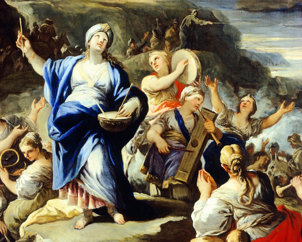 Tanssi- ja laulukohtaus Luca Giordanon (1634-1705) teoksesta Song of Miriam, öljy kuparille tekijältä Luca Giordano