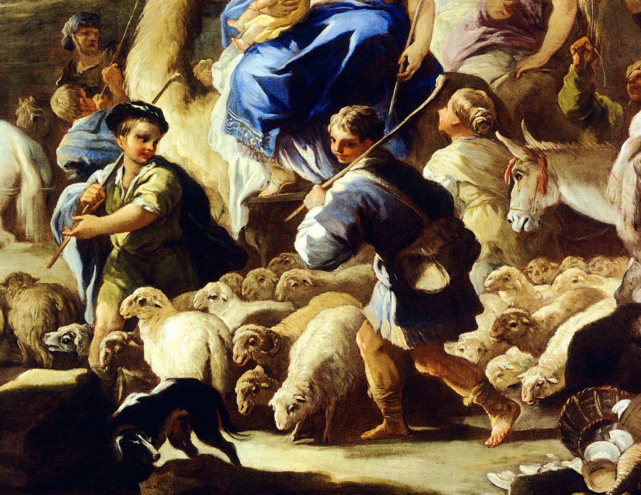 Lampaat ja paimenet, yksityiskohta Rebeccan lähdöstä Kanaaniin, kirjoittanut Luca Giordano (1634-1705), öljy kuparille, 59x85 cm tekijältä Luca Giordano