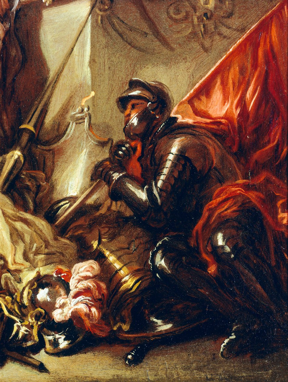 Sotilas pitelee lippua, yksityiskohta Allegory of Warista, Luca Giordano (1634-1705), öljy kankaalle, 61x50 cm tekijältä Luca Giordano