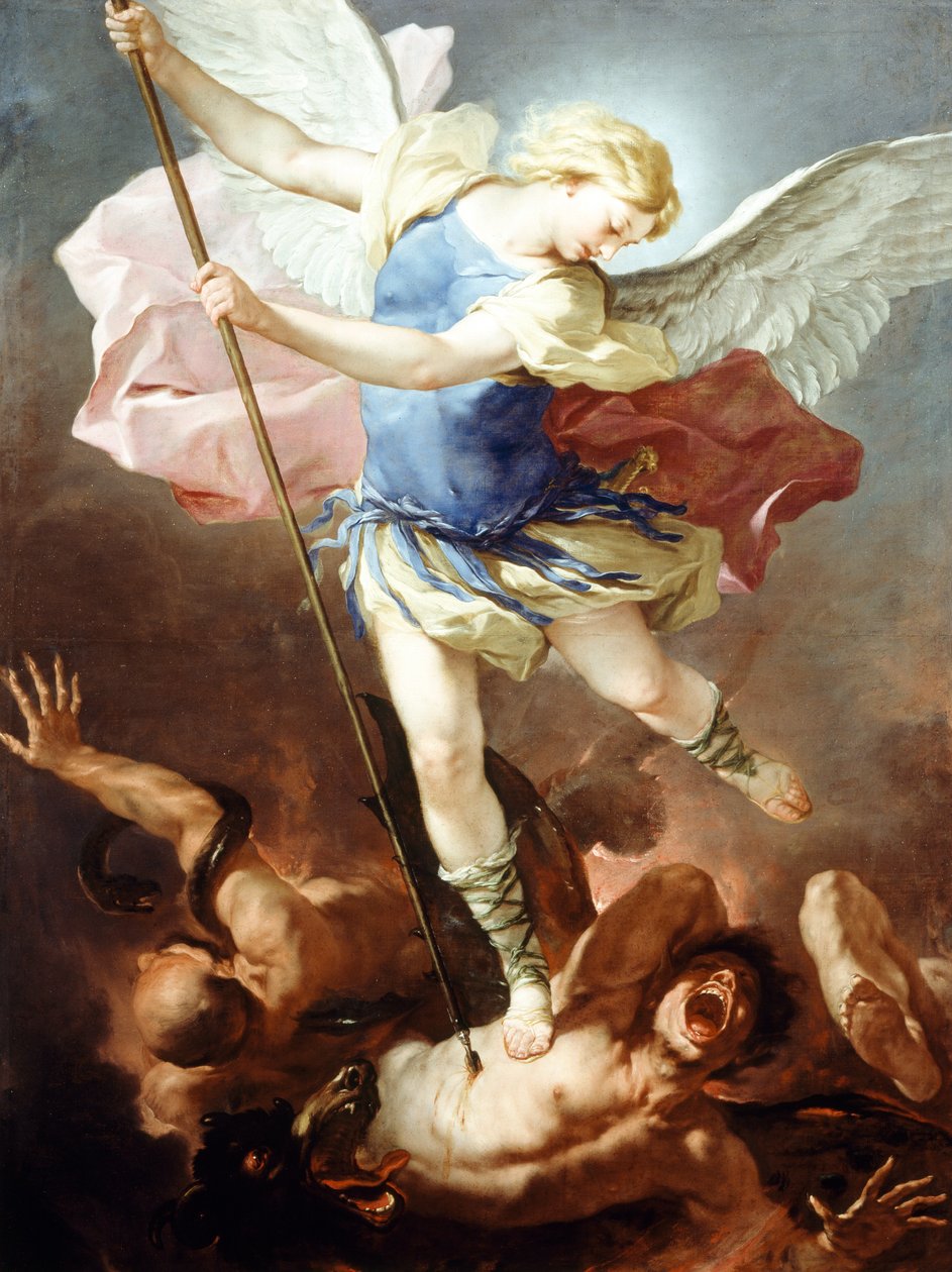 Pyhä Mikael voittaa demonin, Luca Giordano (1634-1705), öljy kankaalle tekijältä Luca Giordano
