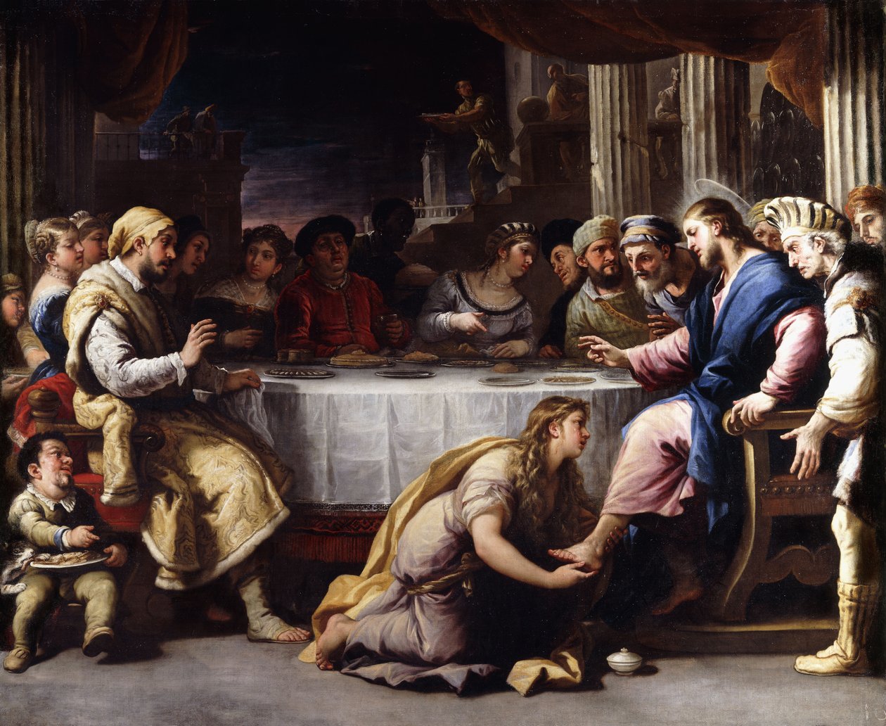 Magdaleena pesee Kristuksen jalkoja Simonin talossa, tekijältä Luca Giordano