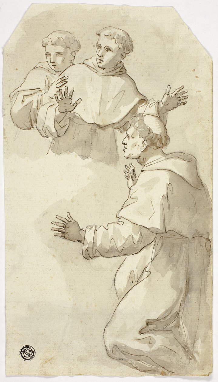 Kolme säikähtänyttä munkkia, yksi polvistuu, kaksi seisoo tekijältä Luca Giordano