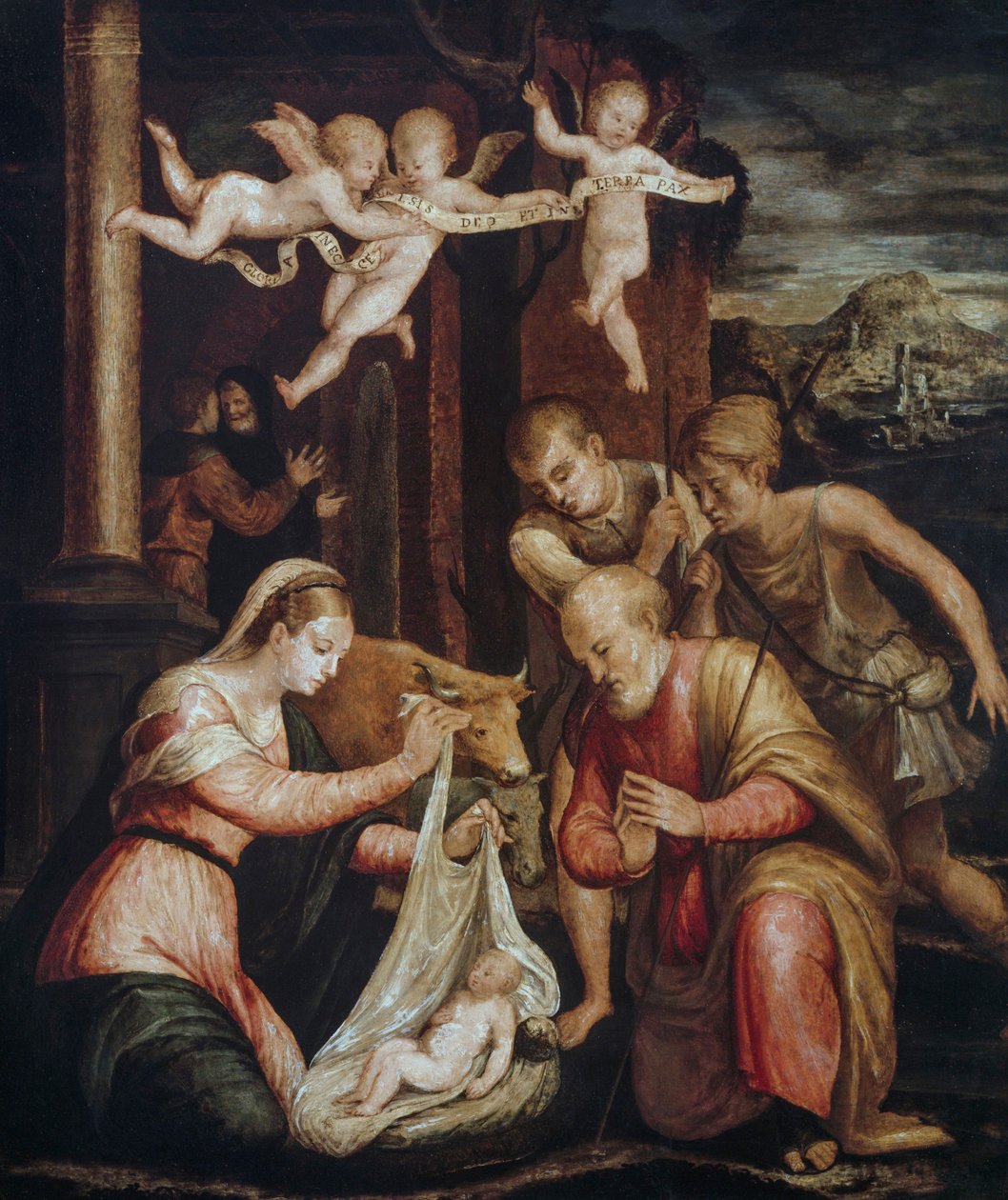 Paimenten palvonta, Luca Longhi (1507-1580), öljy puulle tekijältä Luca Longhi