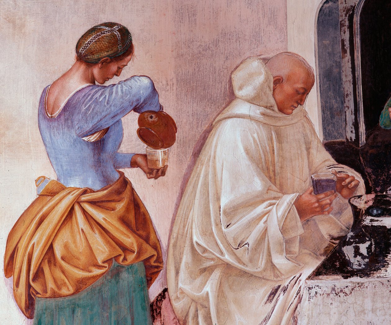 Benedictus kertoi munkeille, missä ja milloin he söivät luostarin ulkopuolella Luca Signorellin (n. 1445-1523) tekemä Luca Signorellin (n. 1445-1523) luostarin fresko, joka kertoo Benediktiiniritarikunnan perustajan 1497-1498 luostarin pyhän Benedictus Nur tekijältä Luca Signorelli
