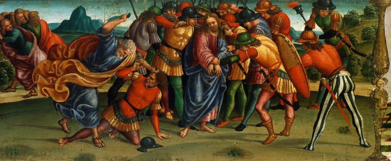 Kristuksen vangitseminen, yksityiskohta Luca Signorellin (1441-50 - 1523) teoksesta Valitus kuolleesta Kristuksesta, tempera puulle, 270x240 cm tekijältä Luca Signorelli