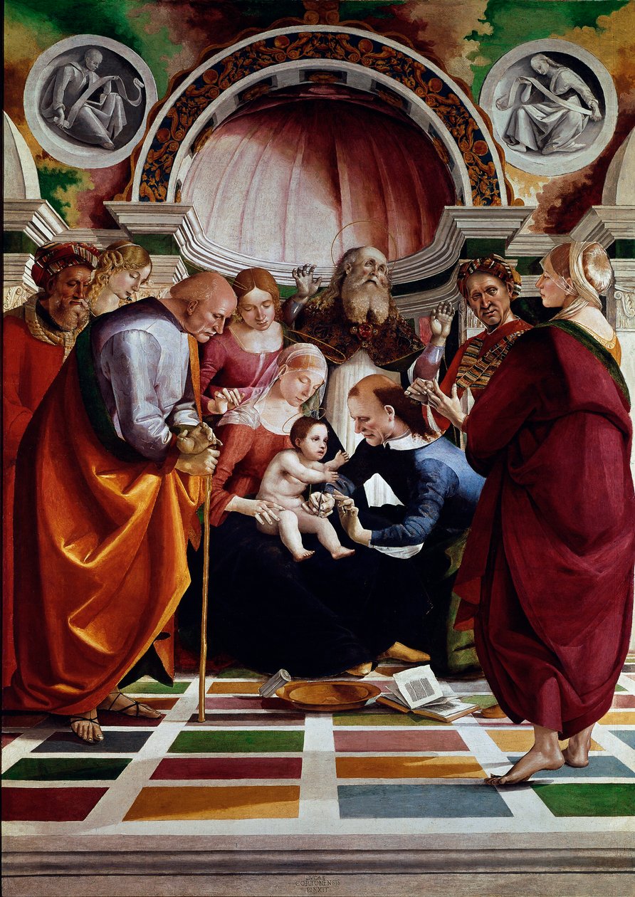 Ympärileikkaus. Esitettyjen hahmojen joukossa: Pyhä Joosef (keipillä), Neitsyt Maria, Jeesus Kristus ja Pyhä Simeon (nostaa kätensä taivasta). Luca Signorellin maalaus (n. 1445-1523) 1491 n. Aurinko. 258,5x180 cm Lontoo, Kansallisgalleria tekijältä Luca Signorelli