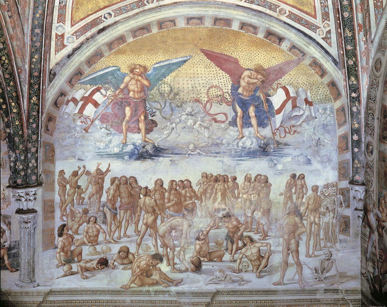Lähikuva freskosta katedraalissa, lihan ylösnousemus, Luca Signorelli, Orvieto, Umbria, Italia tekijältä Luca Signorelli