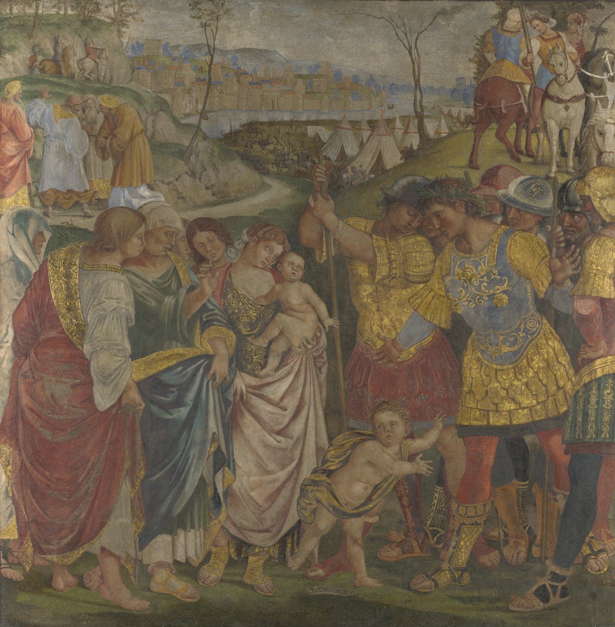 Coriolanus suostutteli perheensä säästämään Rooman freskoja Palazzo del Magnificosta, Sienasta, 1509 tekijältä Luca Signorelli