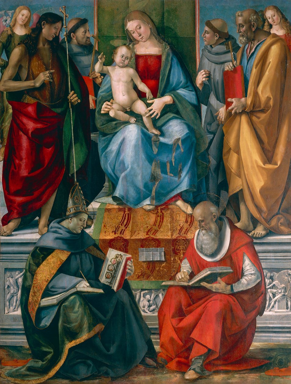 Madonna ja lapsi Johannes Kastajan, Franciscus Assisilaisen, Anthony Padovalaisen, Joseph Bonaventuren ja Jerome kanssa, kirjoittanut Luca Signorelli (noin 1445-1523) tekijältä Luca Signorelli