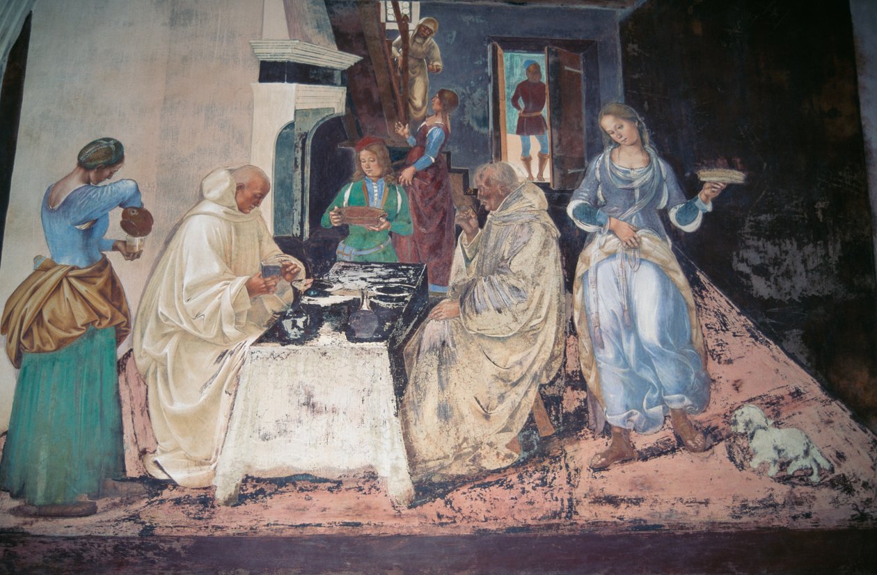 Pyhä Benedictus nuhtelee kahta sääntöä rikkonutta munkkia, kohtaus Monte Oliveto Maggioren Pyhän Benedictuksen tarinoista tekijältä Luca Signorelli