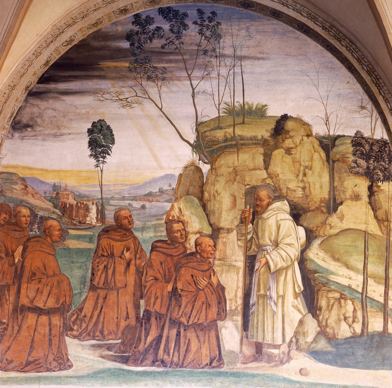 Tarinoita Pyhästä Benedictuksesta, Luca Signorellin (noin 1445-1523) freskot Pyhän Benedictuksen luostarissa Monte Olivetossa, Sienassa, yksityiskohta tekijältä Luca Signorelli
