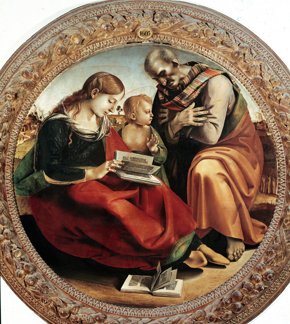 Pyhä perhe. Luca Signorellin (1450-1523) maalaus, noin 1495. Tondo. Öljy kankaalle. Halkaisija: 124 cm. Firenze, Uffizi-galleria (Firenze, Uffizi-museo) tekijältä Luca Signorelli