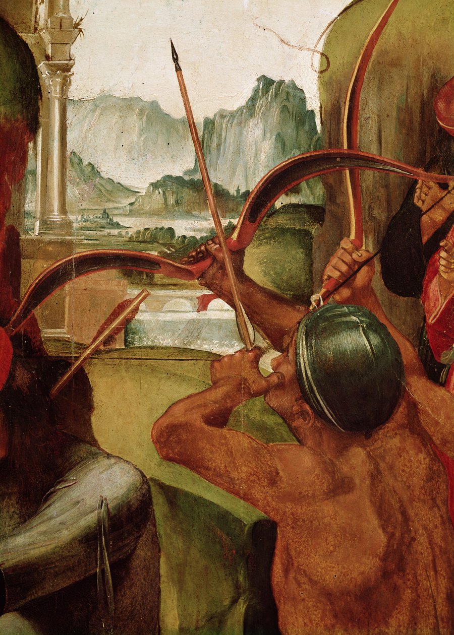 Pyhän Sebastianin marttyyrikuolema, yksityiskohta jousiampujasta (yksityiskohta 165896) tekijältä Luca Signorelli
