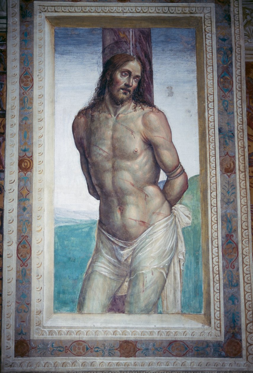 Jeesuksen ruoskiminen, Luca Signorellin fresko, Monte Oliveto Maggioren luostari, Toscana, Italia tekijältä Luca Signorelli