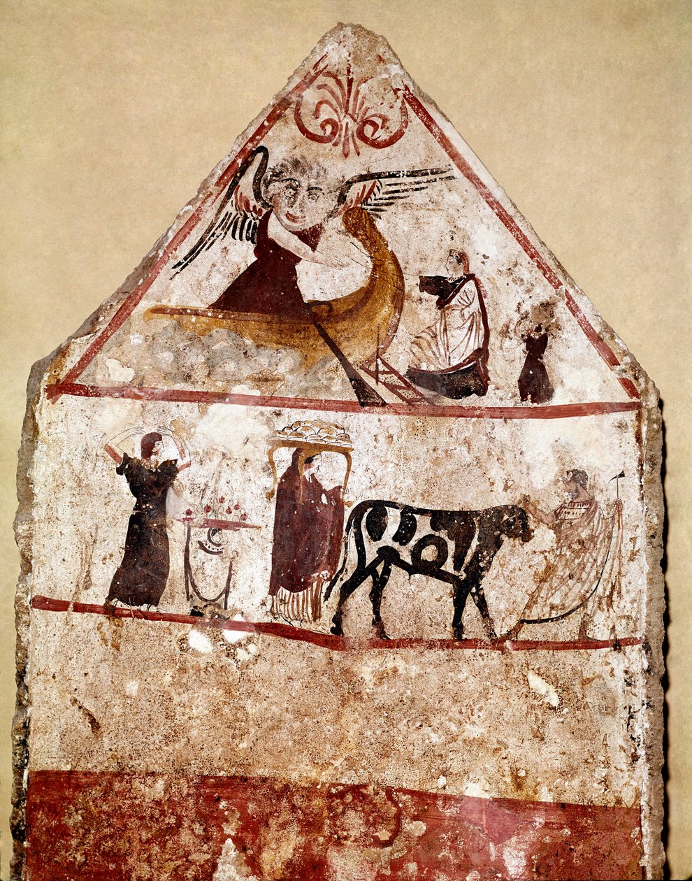 Härkä johtaa uhrausalttarille Lucanian freskon 4. vuosisadalta eKr. Andriuolo-hautausmaa Paestumista Italiasta. Museo nazionale archeologico, Paestum tekijältä Lucanian School