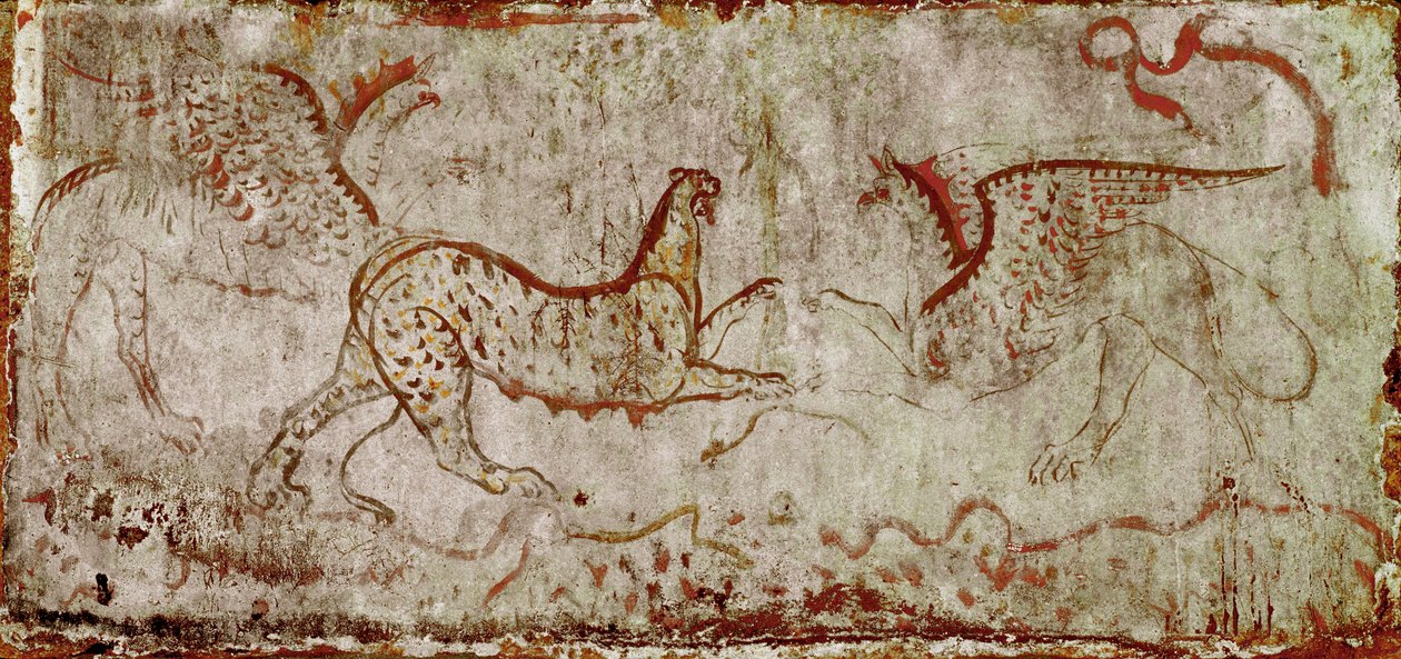 Taistelu pantterin ja griffonin Lucanian freskon välillä 4. vuosisadalta eKr. Ratsumiehen haudasta, Paestumin hautausmaa Italiasta. Museo nazionale archeologico, Paestum tekijältä Lucanian School