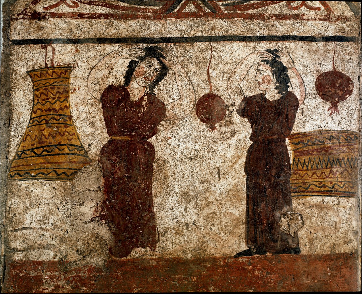 Ryhmä tanssijoita hautajaisriitissä Lucanian fresko 4. vuosisadalta eKr. Paestumin hautausmaalta Italiasta. Museo nazionale archeologico, Paestum tekijältä Lucanian School