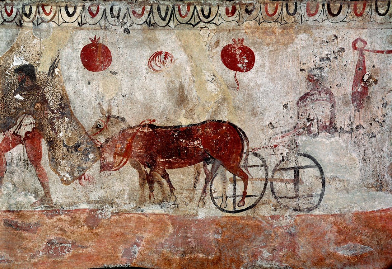 Laumanvartija ja kaksi aasia Lucanian fresko 4. vuosisadalta eKr. Paestumin hautausmaalta Italiasta. Museo nazionale archeologico, Paestum tekijältä Lucanian School
