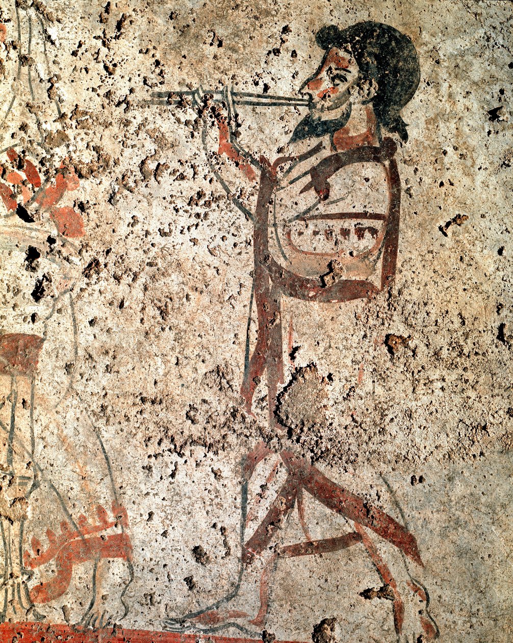 Huilua soittava muusikko Lucanian fresko 4. vuosisadalta eKr. Paestumin hautausmaalta Italiasta. Museo nazionale archeologico, Paestum tekijältä Lucanian School