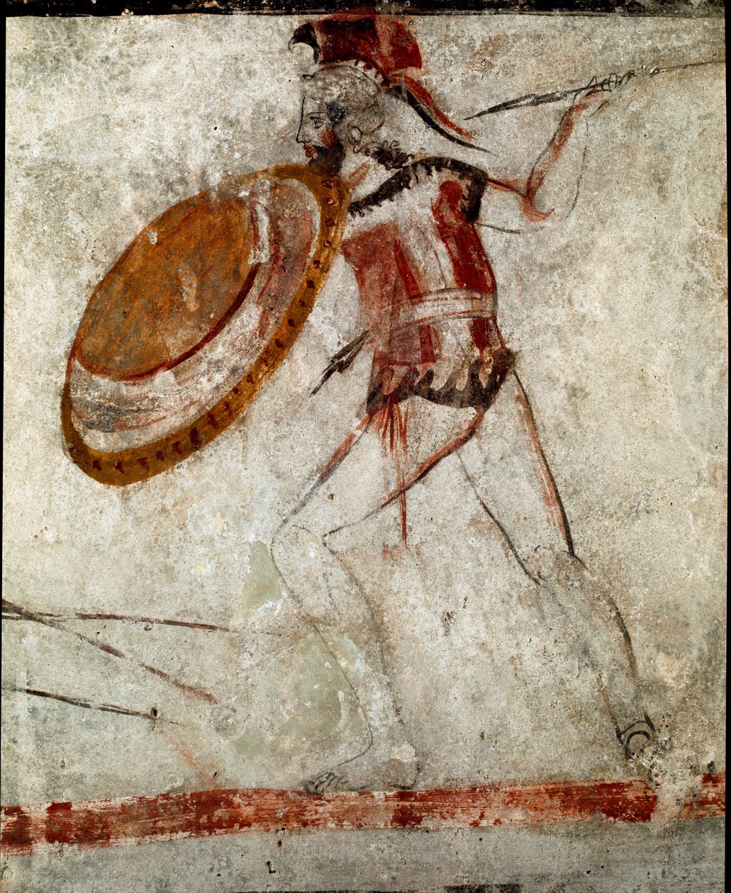 Soturi keihään ja kilven kanssa Lucanian fresko 4. vuosisadalta eKr. Ratsumiehen haudalta, Paestumin paikalla Italiassa. Museo nazionale archeologico, Paestum tekijältä Lucanian School