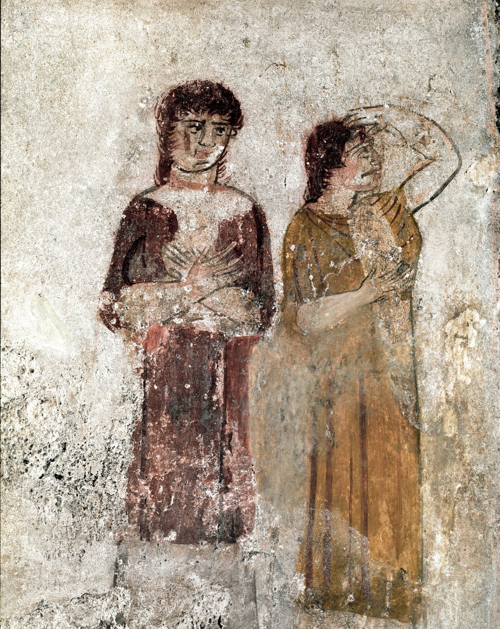 Muotokuva kahdesta naisesta Lucanian fresko 4. vuosisadalta eKr. Ratsumiehen haudalta, Paestumin paikalla, Italiassa. Museo nazionale archeologico, Paestum tekijältä Lucanian School