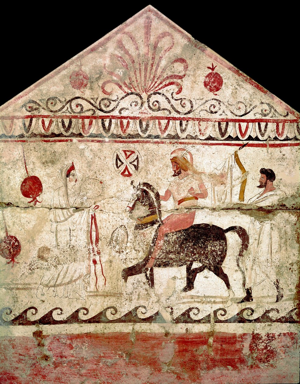 Voittajan soturin Lucanian freskon paluu 4. vuosisadalta eKr., peräisin haudasta 86, Andriuolo a Paestumin hautausmaa, Italia. Museo nazionale archeologico, Paestum tekijältä Lucanian School