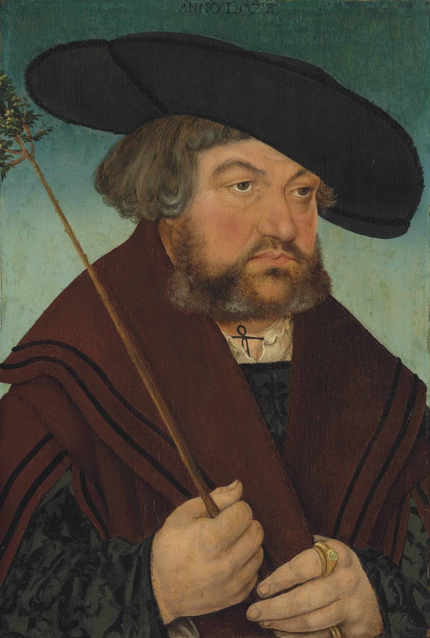 Bildnis eines Mannes in schwarzem Wams und braunem Mantel, einen Zweig haltend tekijältä Lucas Cranach the Elder