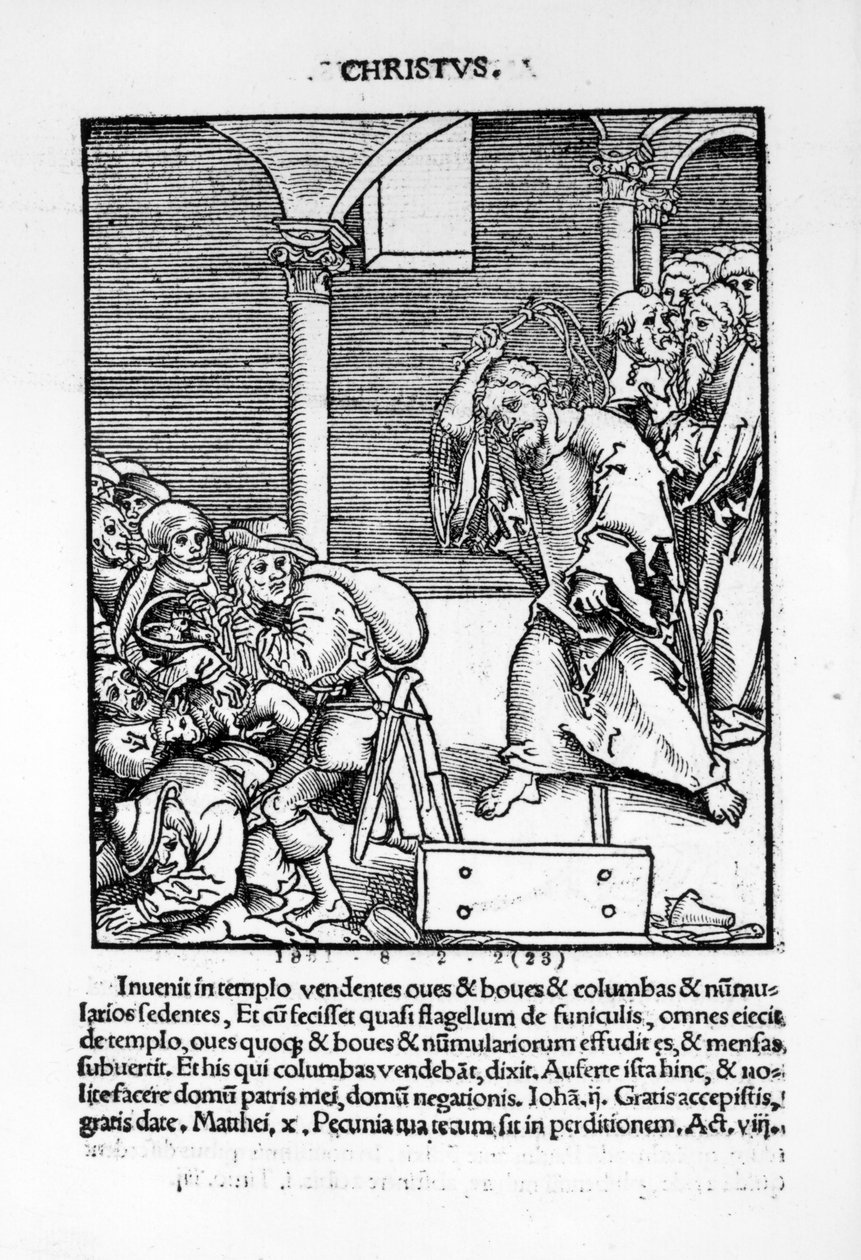 Kristus ajaa kauppiaita ja rahanlainaajia temppelistä Philipp Melanchthonin vuonna 1521 julkaistusta teoksesta "Passional Christi und Antichristi" tekijältä Lucas Cranach the Elder