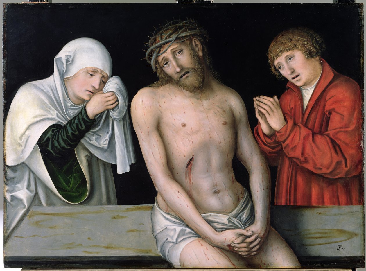 Kristus surujen miehenä Neitsyen ja Pyhän Johanneksen kanssa tekijältä Lucas Cranach the Elder
