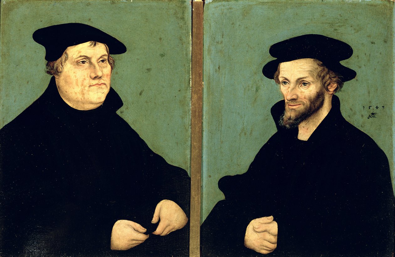 Martin Lutherin (1483-1546) ja Philipp Melanchthonin (1497-1560) kaksoismuotokuva 1543 tekijältä Lucas Cranach the Elder