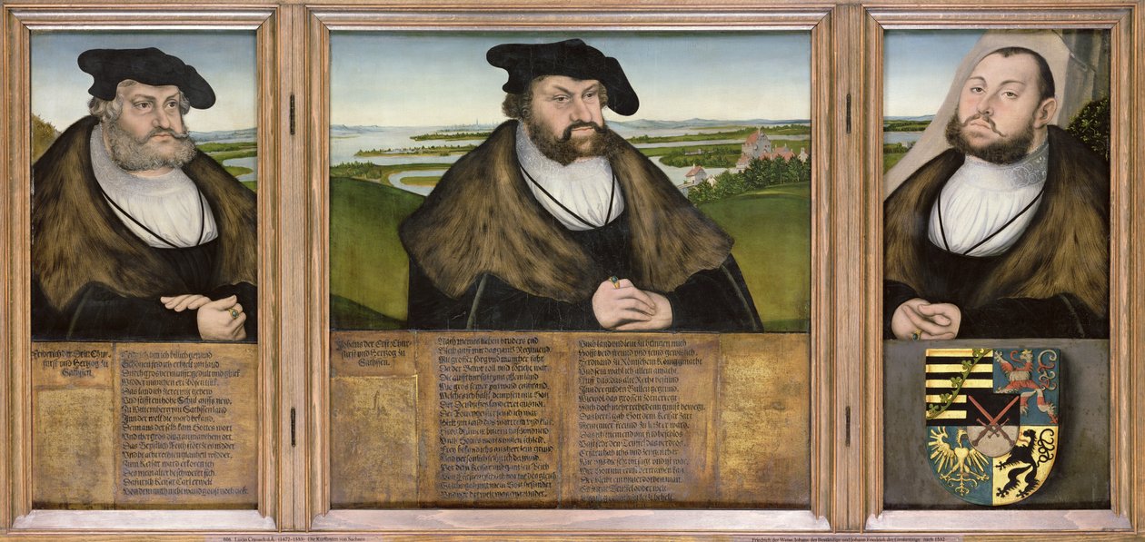 Saksin vaaliruhtinaat: Friedrich Viisas (1482-1556) Johann Vakaa (1468-1532) ja Johann Friedrich Suurmielinen (1503-54) 1532 tekijältä Lucas Cranach the Elder