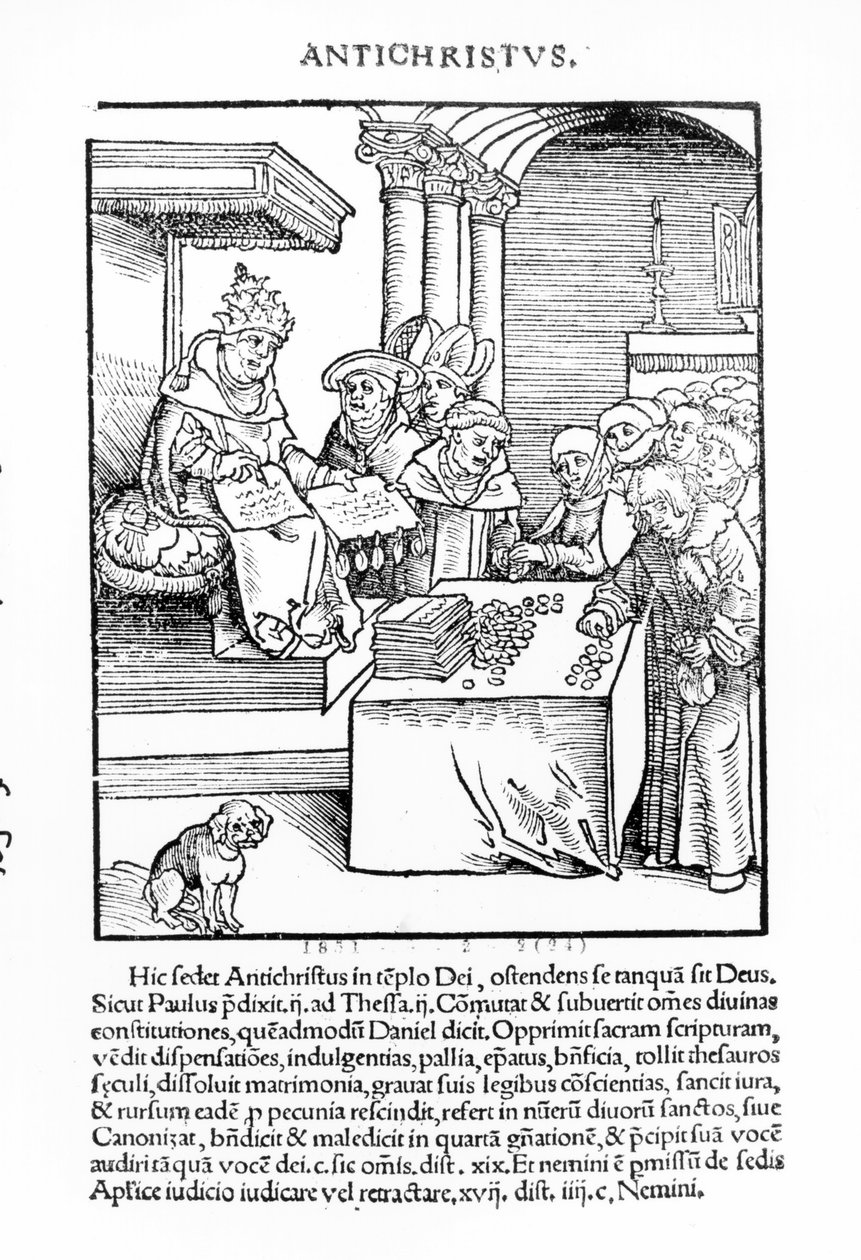 Paavi myy amatööritöitä Philipp Melanchthonin vuonna 1521 julkaistusta teoksesta Passional Christi und Antichristi tekijältä Lucas Cranach the Elder
