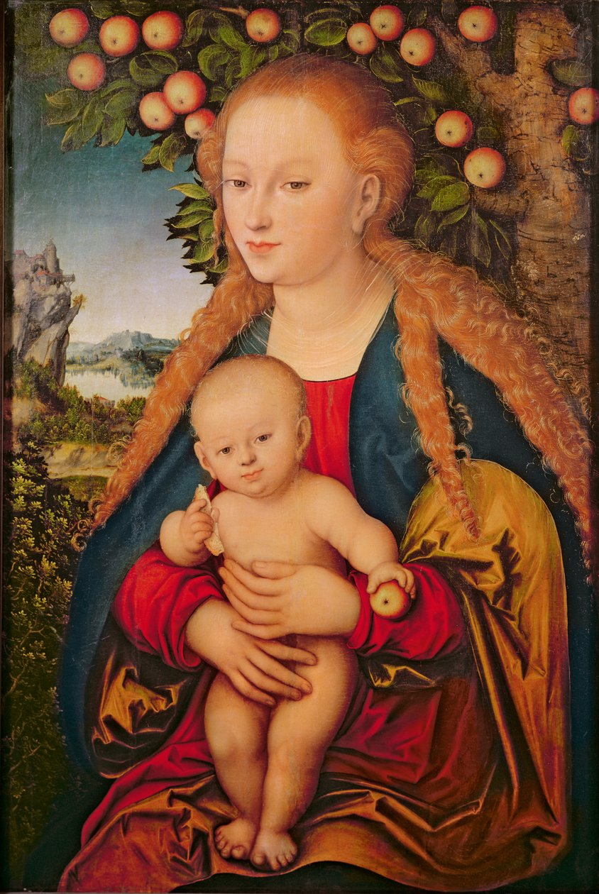 Neitsyt ja lapsi omenapuun alla, 1520-26 (öljy kankaalle siirretty p tr om anelista)) 99 : Jeesus Kristus; vauva; syli; omenat; maisema; tausta; symboliikka; Aatto; synti; symbolinen; pikkulasten; rur tekijältä Lucas Cranach the Elder